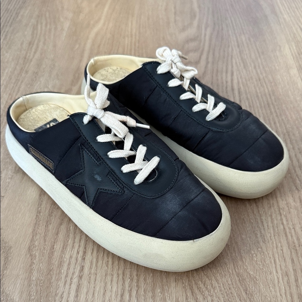 Golden Goose Black Leather Slip-On Sneakers with Cream Laces